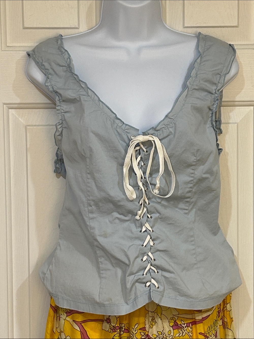 SCOTT Light Blue Lace Up Corset Milkmaid Top Ruffle Trim Boho, Size Large - Picture 4 of 6